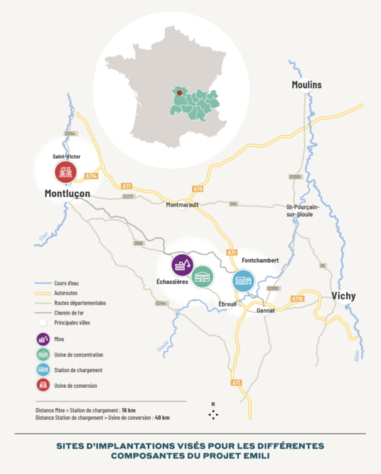 The selected sites by Imerys for the EMILI lithium project.