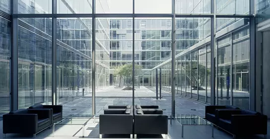 An image of the lobby in a business center